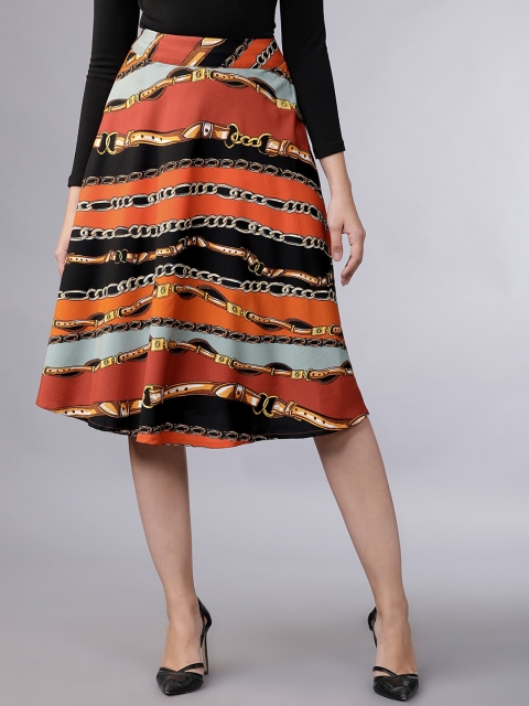 

Tokyo Talkies Women Orange Colored & Black Printed Flared Midi Umbrella Skirt