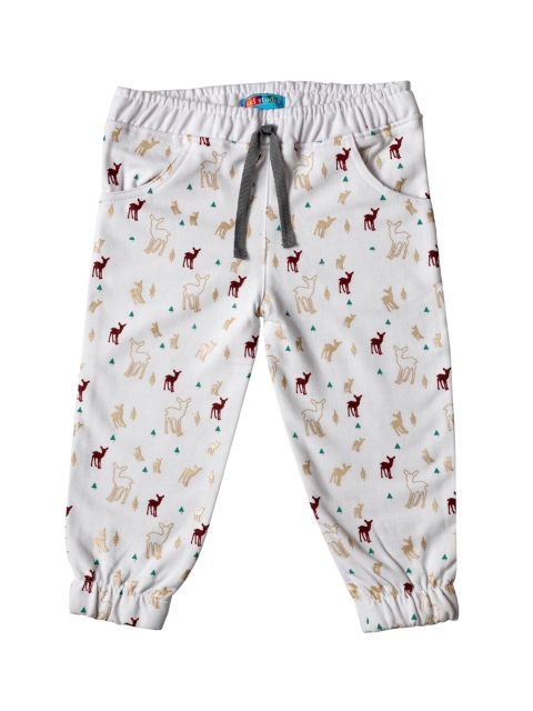 

Kid Studio Girls White & Beige Printed Straight Fit Joggers