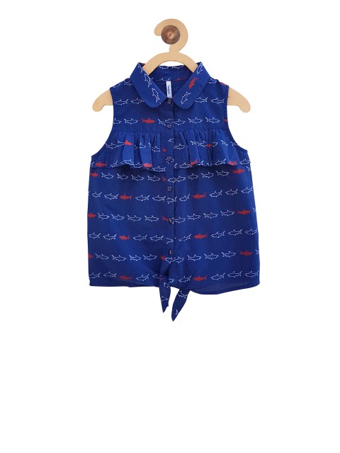 

Campana Girls Navy Blue Printed Shirt Style Top