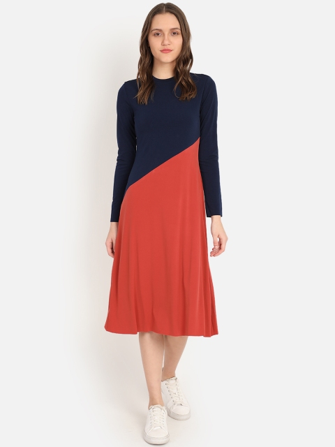 

COVER STORY Women Orange & Navy Blue Colourblocked A-Line Dress