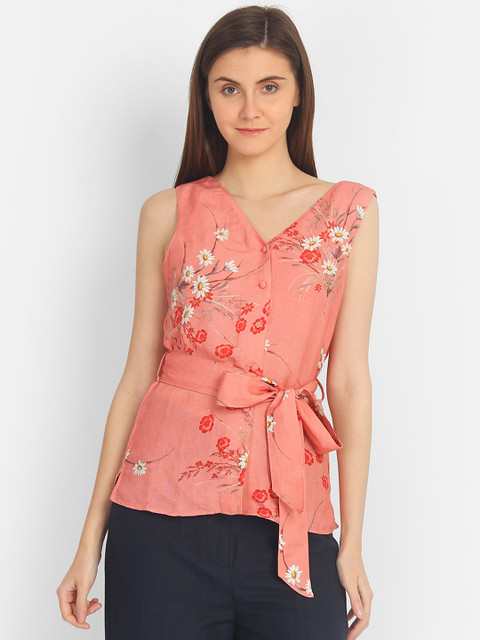 

COVER STORY Women Pink Linen Floral Print Top