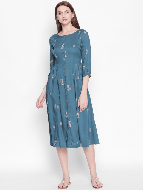 

AKKRITI BY PANTALOONS Women Blue Printed Fit and Flare Dress