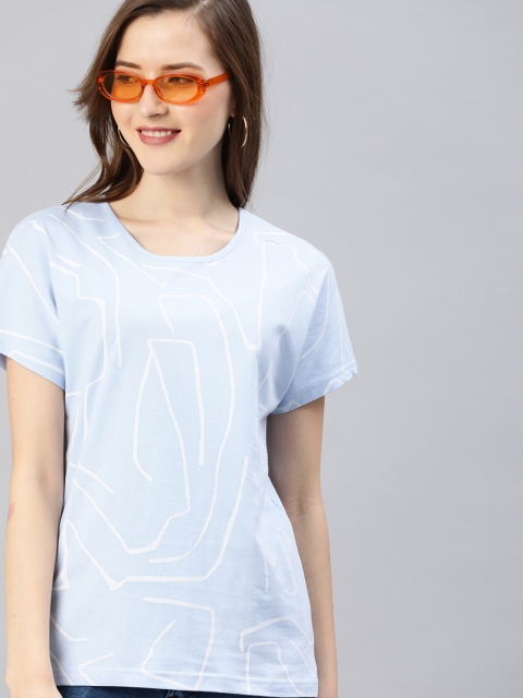 

HERE&NOW Women Blue & White Printed Round Neck T-shirt