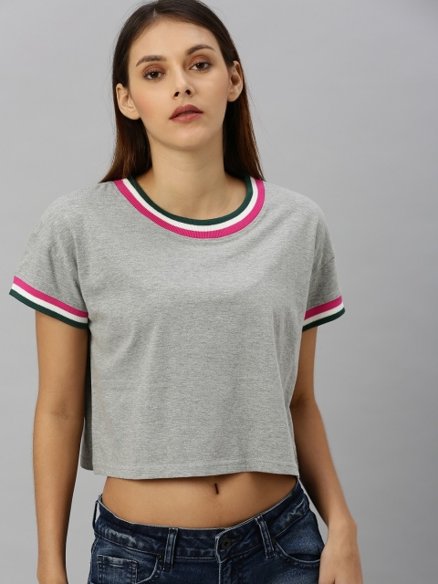 

HERE&NOW Women Grey Solid Round Neck Crop T-shirt
