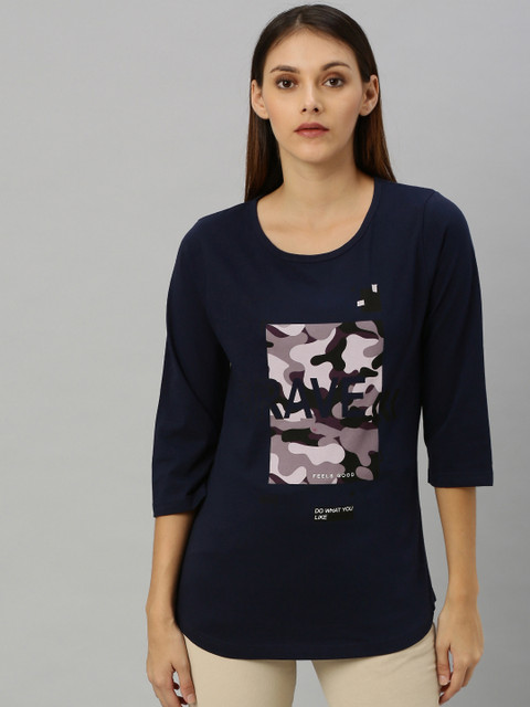 

HERE&NOW Women Navy Blue Printed Round Neck Longline T-shirt