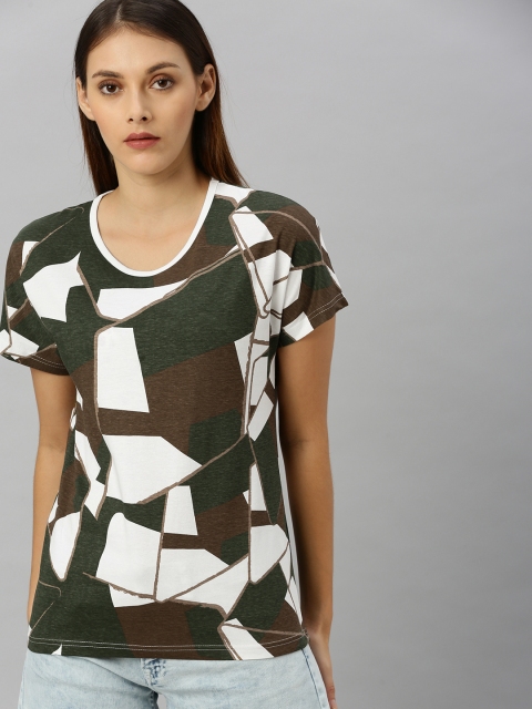 

HERE&NOW Women White and Olive Green Printed Round Neck T-shirt