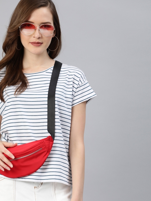 HERENOW Women White Navy Blue Striped Round Neck Pure Cotton T-shirt