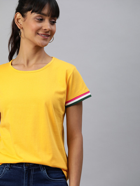 

HERENOW Women Mustard Yellow Solid Round Neck Pure Cotton T-shirt