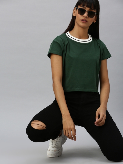 

HERE&NOW Women Green Solid Boxy Round Neck Cropped T-shirt