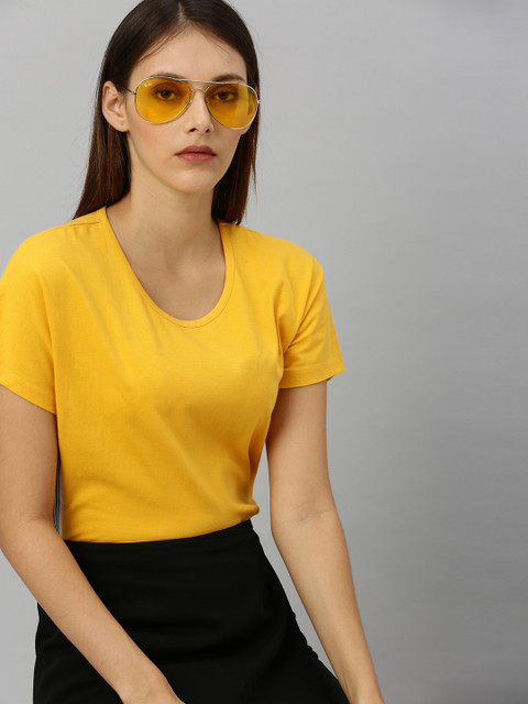 

HERE&NOW Women Yellow Solid Round Neck T-shirt
