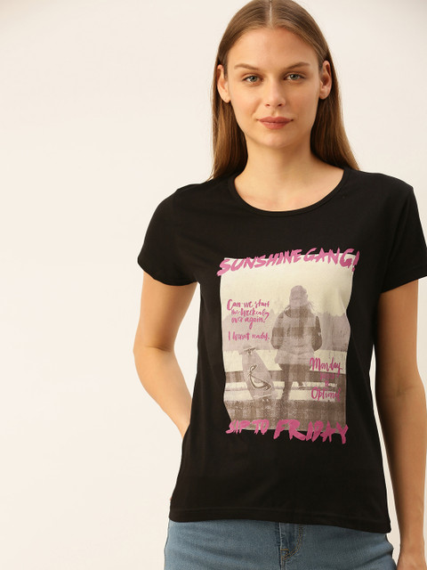 

Moda Rapido Women Black Printed Round Neck T-shirt