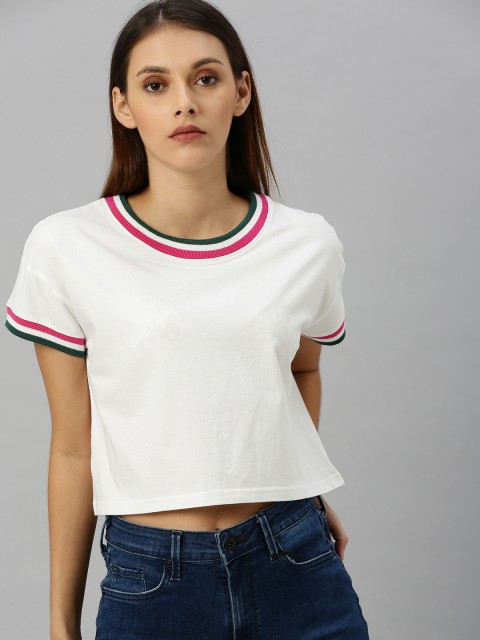 

HERE&NOW Women White Solid Round Neck Crop T-shirt