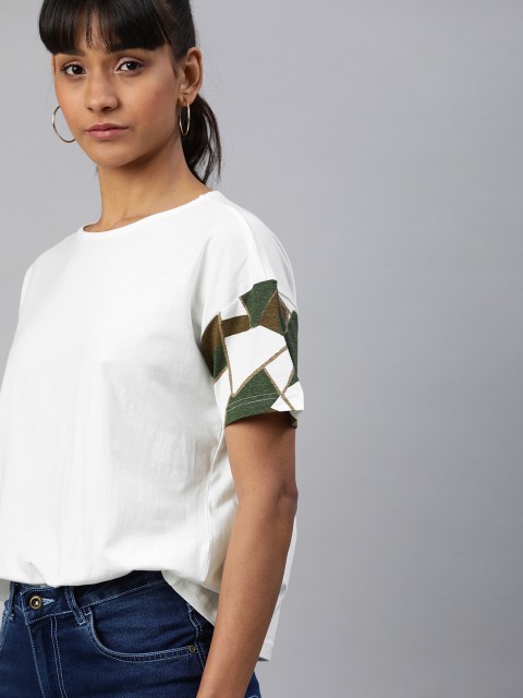 

HERE&NOW Women White Solid Round Neck Printed Sleeve T-shirt