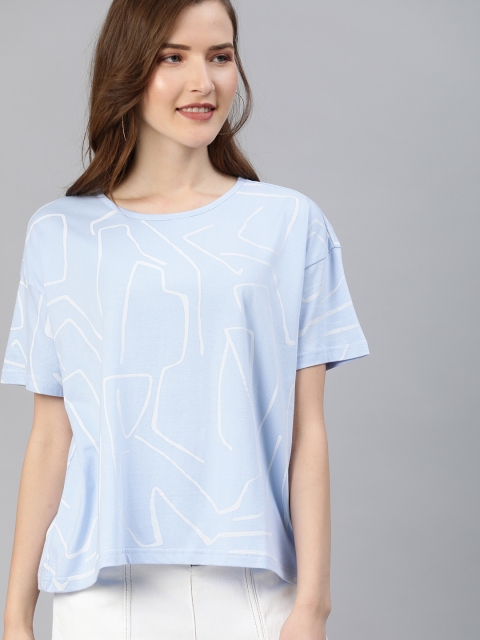 

HERENOW Women Blue White Abstract Printed Round Neck Pure Cotton T-shirt