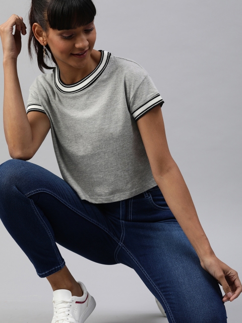 

HERE&NOW Women Grey Solid Round Neck Crop T-shirt