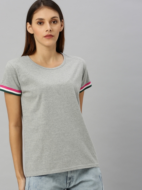 

HERE&NOW Women Grey Solid Round Neck T-shirt