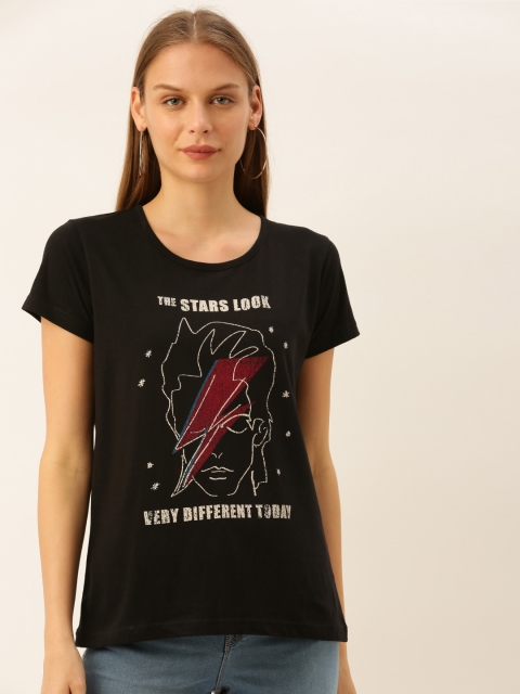 

Moda Rapido Women Black Printed Round Neck T-shirt