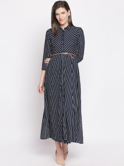 

Honey by Pantaloons Women Navy Blue & White Striped Shirt Dress