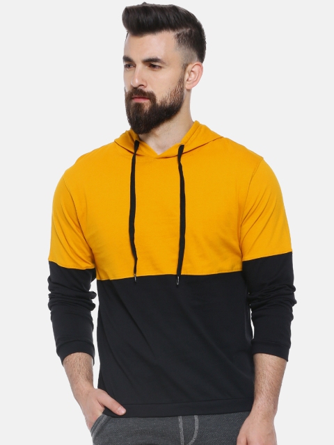 

Campus Sutra Men Mustard Yellow & Black Colourblocked Hood T-shirt
