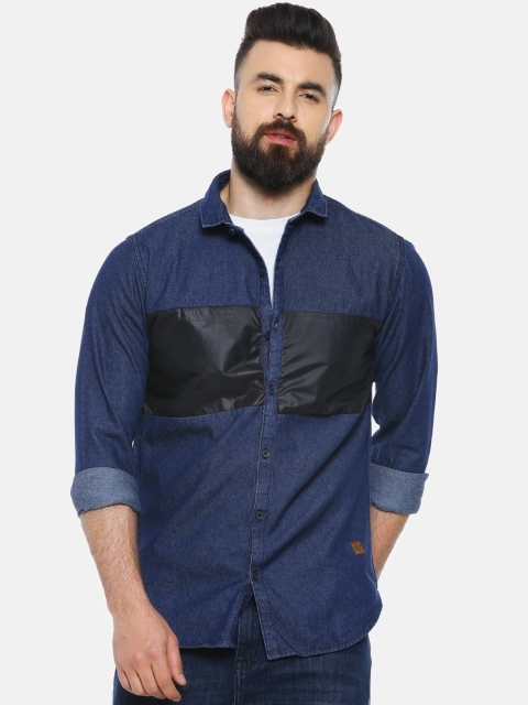 

Campus Sutra Men Blue & Black Regular Fit Colourblocked Casual Denim Shirt
