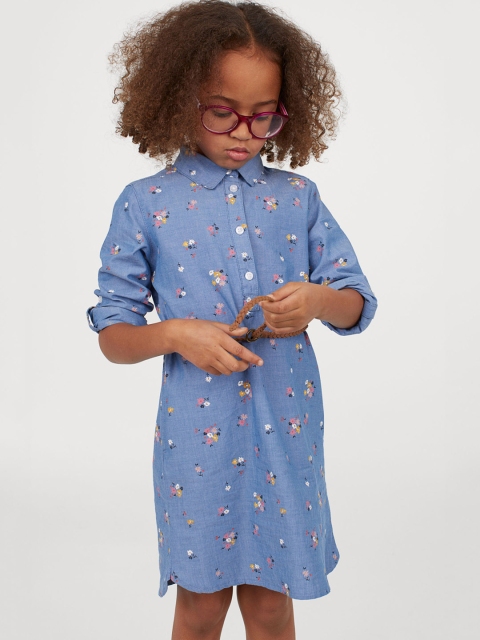 

H&M Girls Blue Printed Cotton Shirt Dress