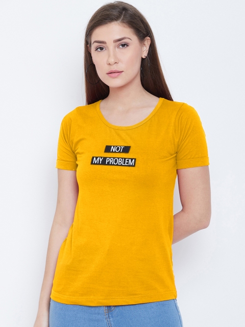 

CHROME & CORAL Women Mustard Yellow Printed Round Neck T-shirt