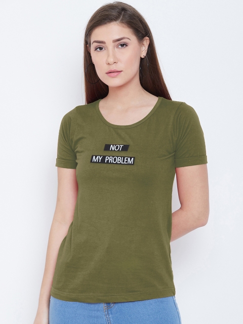 

CHROME & CORAL Women Olive Green Printed Round Neck T-shirt