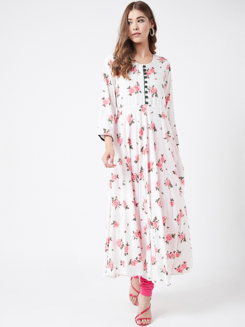 

Tissu Women White & Pink Floral Printed A-Line Kurta