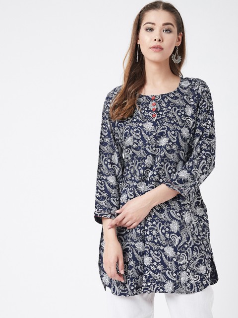 

Tissu Women Navy Blue & White Floral Printed Straight Kurti