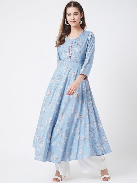 

Tissu Women Blue & White Floral Printed A-Line Kurta
