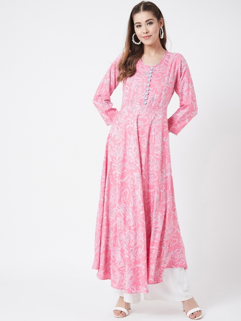 

Tissu Women Pink & White Printed A-Line Kurta