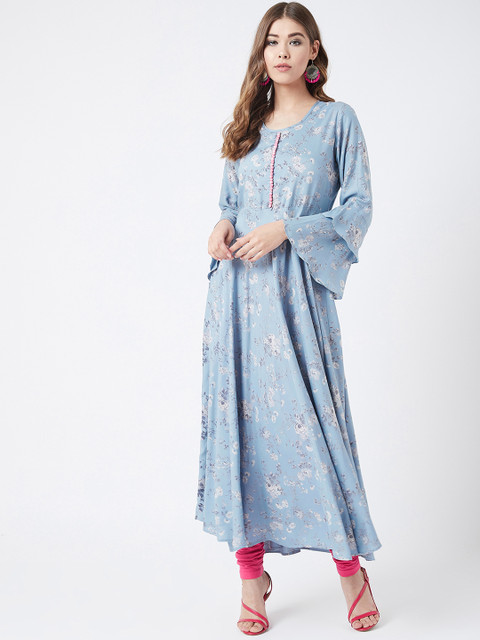 

Tissu Women Blue & Off-White Floral Printed A-Line Kurta
