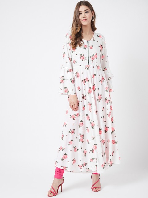 

Tissu Women White & Pink Floral Print A-Line Kurta