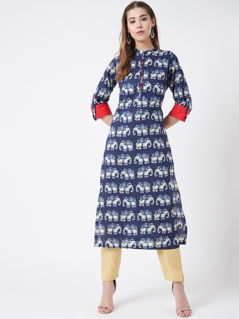 

Tissu Women Navy Blue & Off-White Printed Straight Kurta