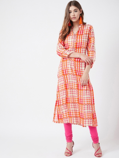 

Tissu Women Pink & Orange Checked Straight Kurta