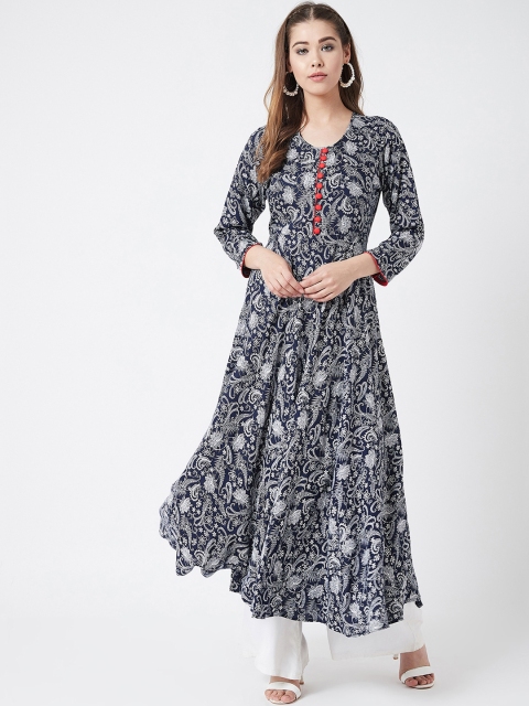 

Tissu Women Navy Blue & Off-White Printed Asymmetric A-Line Kurta
