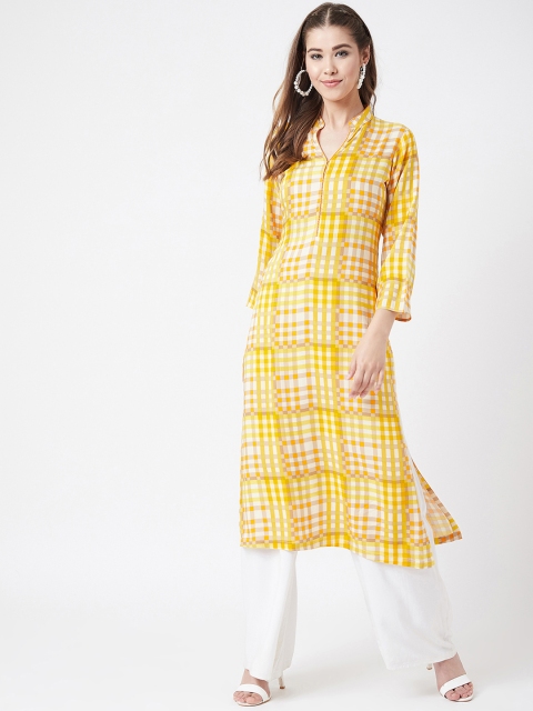 

Tissu Women Yellow & White Checked Straight Kurta