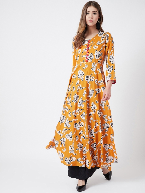 

Tissu Women Mustard Yellow & Off-White Floral Print A-Line Kurta