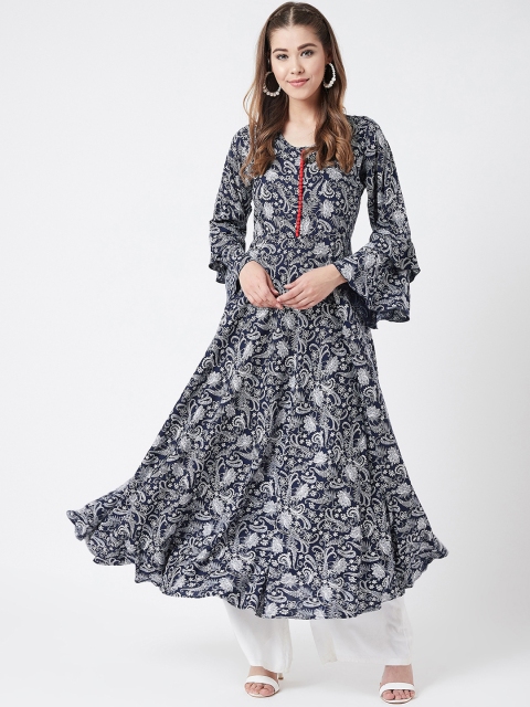 

Tissu Women Navy Blue & Off-White Printed A-Line Kurta