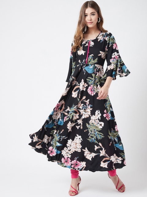 

Tissu Women Black & Off-White Floral Printed A-Line Kurta