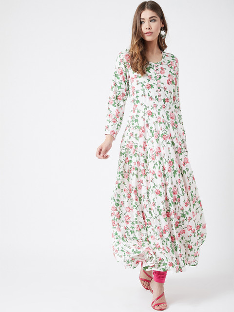 

Tissu Women White & Pink Floral Printed A-Line Kurta