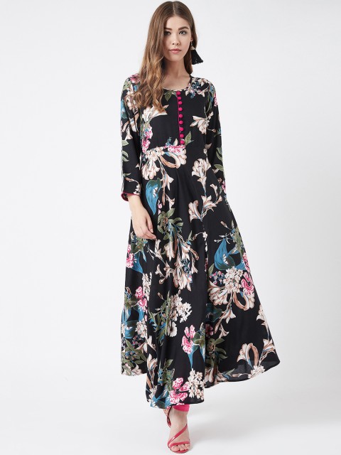 

Tissu Women Black & Off-White Floral Printed A-Line Kurta