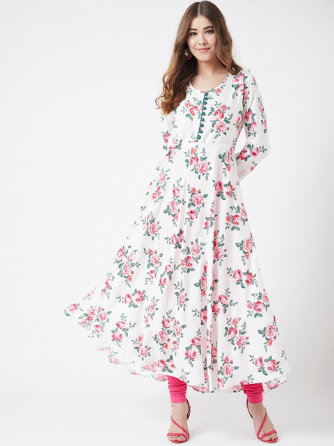 

Tissu Women White & Pink Floral Printed A-Line Kurta