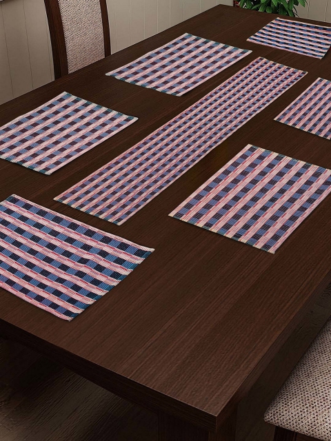 

NEUDIS Set of 6 Blue & Pink Checked Table Placemats with Runner