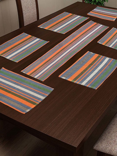 

NEUDIS Set of 6 Orange & Blue Striped Table Placemats with Runner