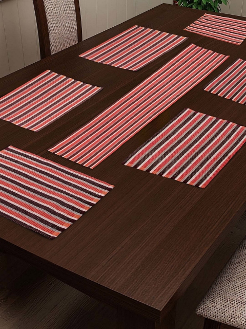 

NEUDIS Set Of 7 Orange & Black Striped Table Runner With Placemats