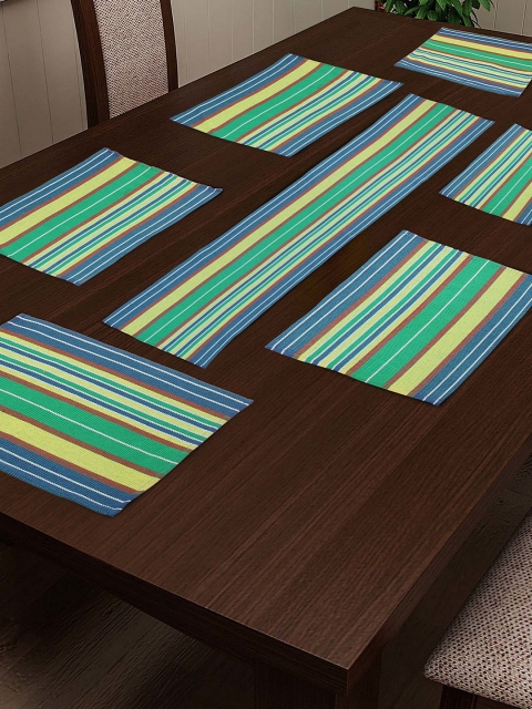 

NEUDIS Set Of 7 Green & Blue Striped Table Runner With Placemats