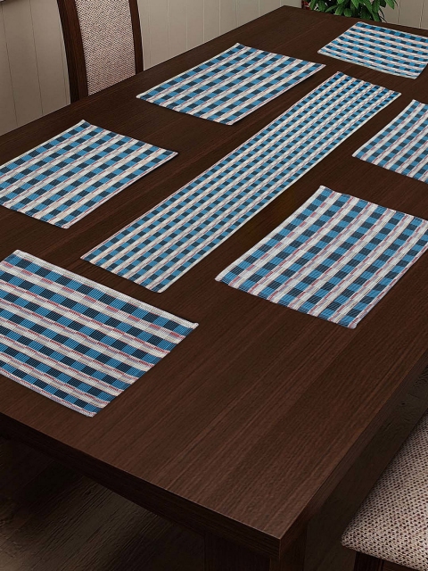 

NEUDIS Set Of 7 Blue & Black Striped Table Runner With Placemats