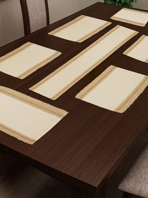 

NEUDIS Set Of 7 Beige & Brown Colourblocked Table Runner With Placemats