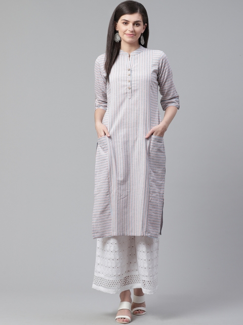 

AHIKA Women Blue & Peach-Coloured Striped Pathani Kurta